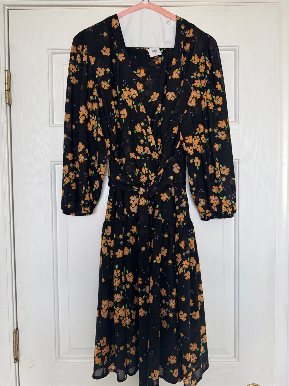 CAbi Black Midi Dress with Orange Floral Print